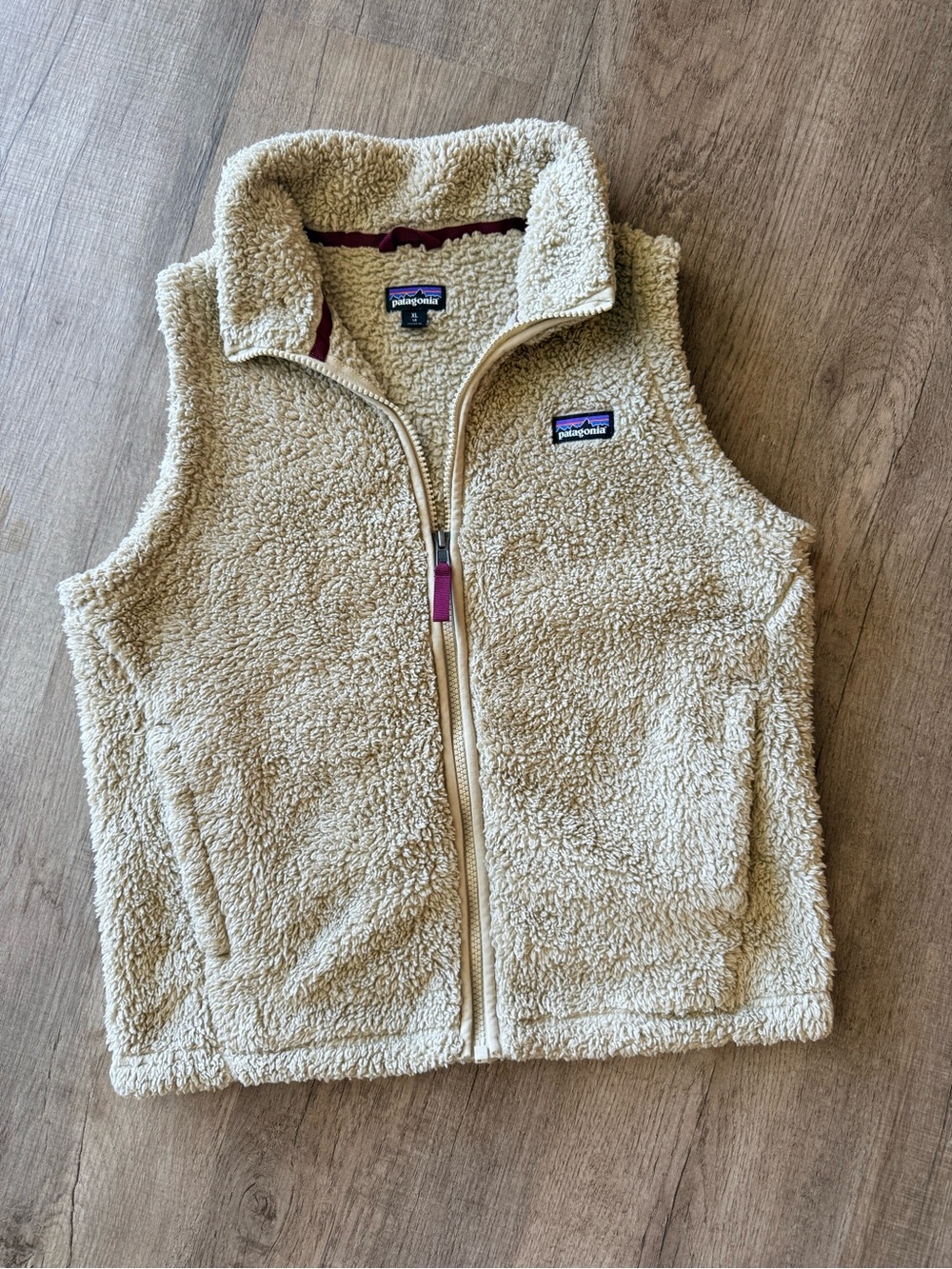 Patagonia Youth Cream Sherpa Fleece Vest with Maroon Accent
